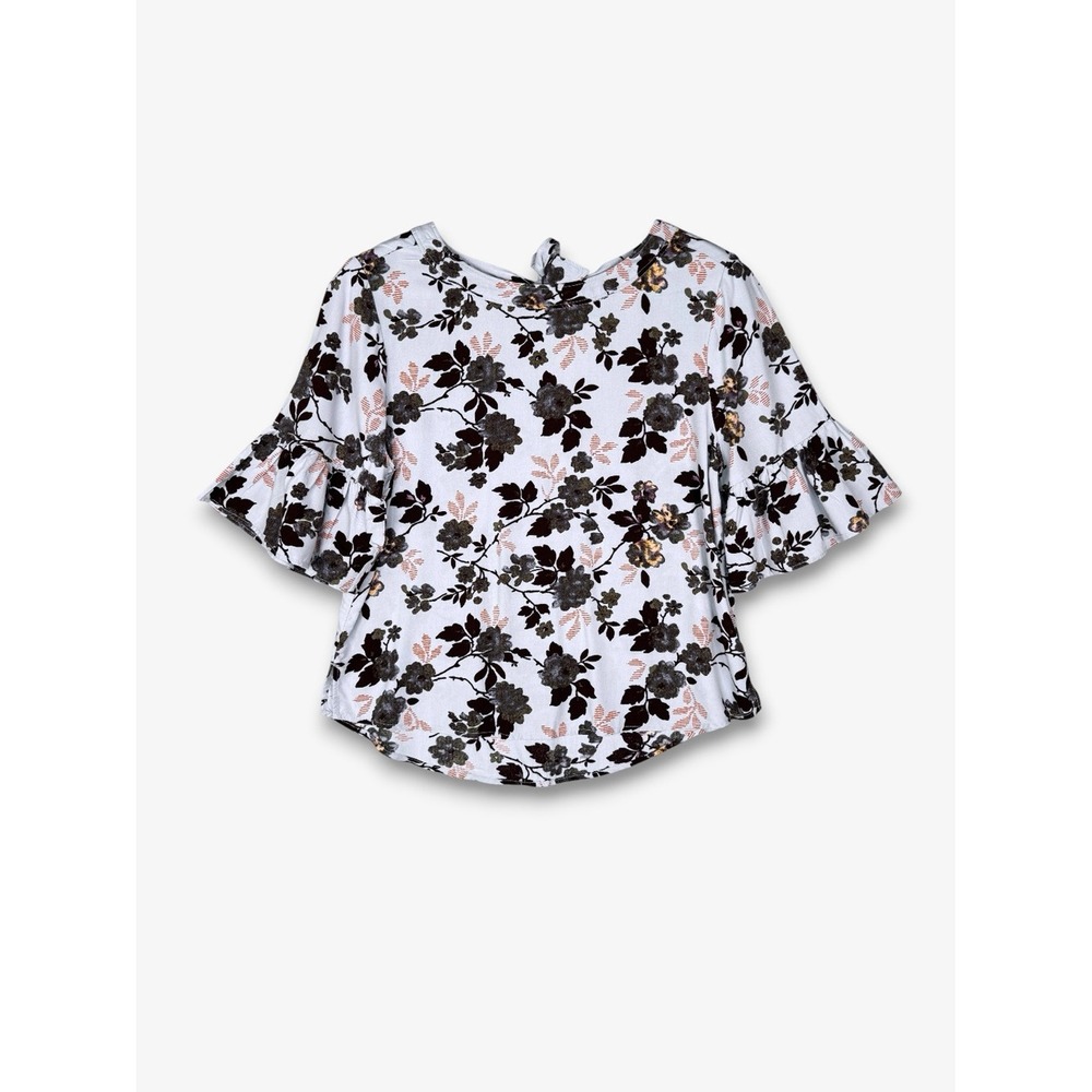 Susina Floral‎ Flounce Sleeve Blouse Light Blue S Tie Back